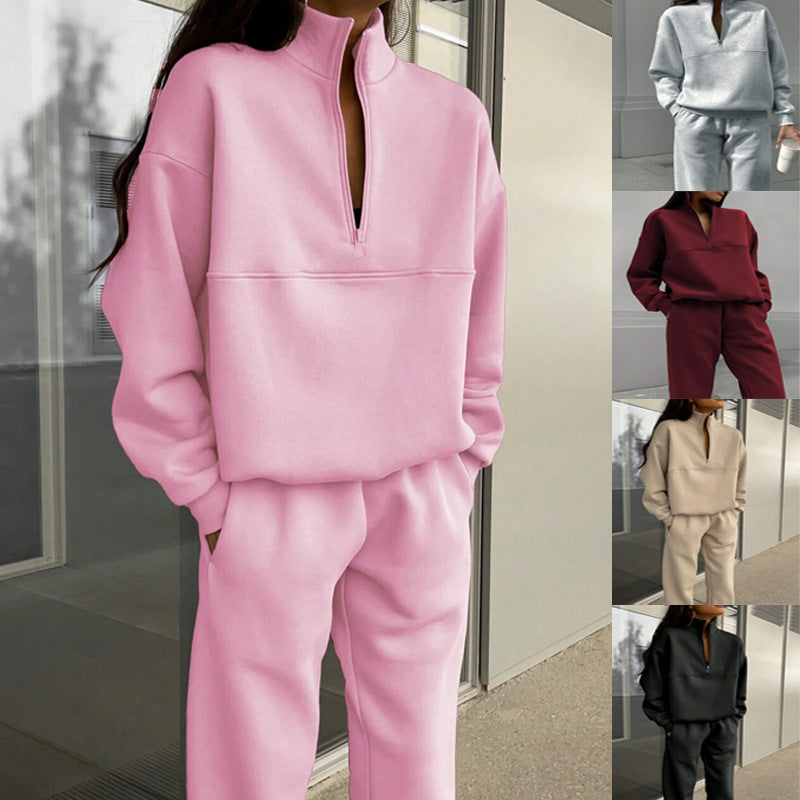 Long-sleeved Sports Sweatshirt Suit Fashion Stand-up Collar Zip-up Top And Elastic Band Trousers With Pocket Srping Fall Clothing For Women